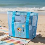 Personalised Cartoon Character Birth Flower Mesh Beach Tote Bag with Name Summer Holiday Swimming Pool Birthday Gift for Women Girls