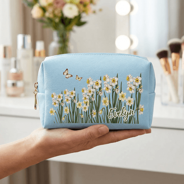 Personalised Multicolor Birth Flower Butterfly PU Leather Makeup Bag with Name and Zipper Travel Essentials Birthday Mother's Day Gift for Women