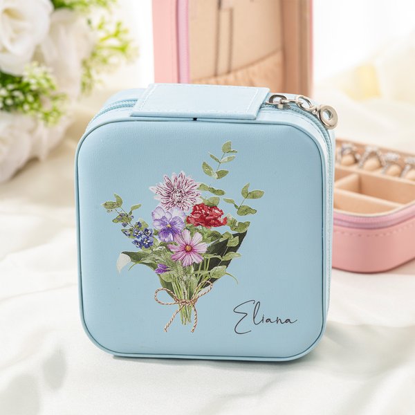 Personalised Watercolor Birth Flowers Bouquet Leather Jewellery Box with Name Travel Accessory Portable Gift for Women Girls