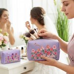 Personalized Multicolour Birth Flower Butterfly PU Leather Makeup Bag with Name and Zipper Travel Essentials Birthday Mother's Day Gift for Women