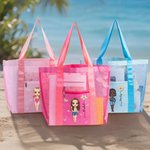 Personalised Cartoon Character Birth Flower Mesh Beach Tote Bag with Name Summer Holiday Swimming Pool Birthday Gift for Women Girls