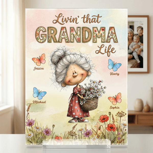 Personalised Watercolor Grandma Cartoon Character Acrylic Plaque with Name Home Decor Mother's Day Birthday Gift for Grandmother