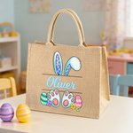 Personalized Lovely Bunny Ears Design Jute Tote Bag with Name Large Capacity Easter Eggs Hunting Gift for Kids