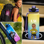 Personalised Cartoon Soccer Character Face Photo 32 oz Water Bottle with Name and Number Birthday Gift for Soccer Fans Lovers