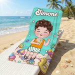 Telo mare personalizzato in microfibra con nome e personaggio animato, oversize, antisabbia, asciugatura rapida - Regalo per bambini e famiglia