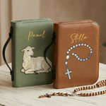 Couverture de livre biblique en cuir PU à motif chrétien multicolore personnalisé avec fermeture éclair pour le nom et poignée de transport Baptême Cadeau de vacances religieux pour les chrétiens