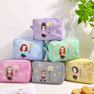 Personalised Multicolour Birth Flower Cartoon Character Striped Makeup Bag with Name Daily Travel Essential Birthday Mother's Day Gift for Women