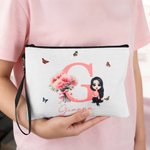Gepersonaliseerde Geboorte Bloemen Boeket Canvas Make-up tas met initiaal naam en polsbandje verjaardagscadeau voor meisje vrouwen
