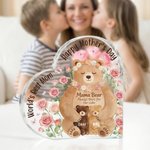 Personalised Bear Family Rose Heart-Shaped Acrylic Plaque with Names Home Decor Mother's Day Gift for Mom Grandma
