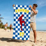 Personalized Plaid Soccer Silhouette Quick-Dry Oversized Sport Beach Towel with Name and Number Beach Pool Party Birthday Gift for Soccer Lover