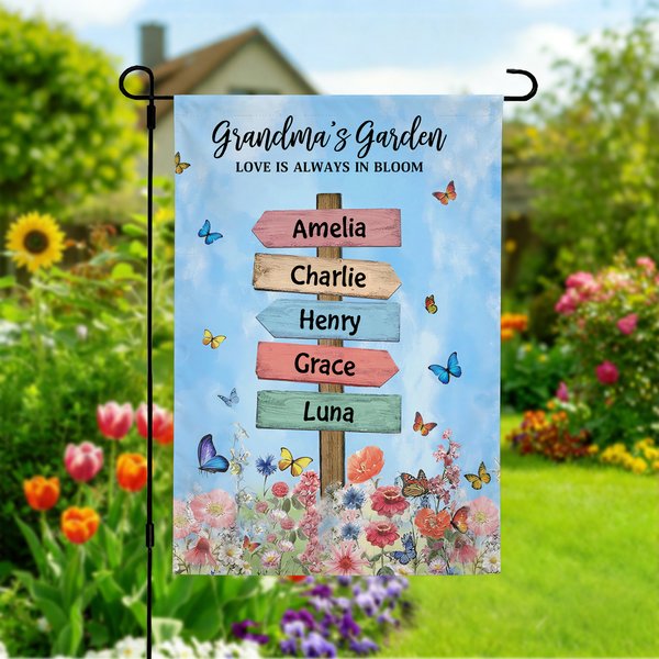 Personalised Floral Butterfly Garden Flag with Name and Text Outdoor Yard Porch Decor Birthday Mother's Day Spring Gift for Family Grandma Mom