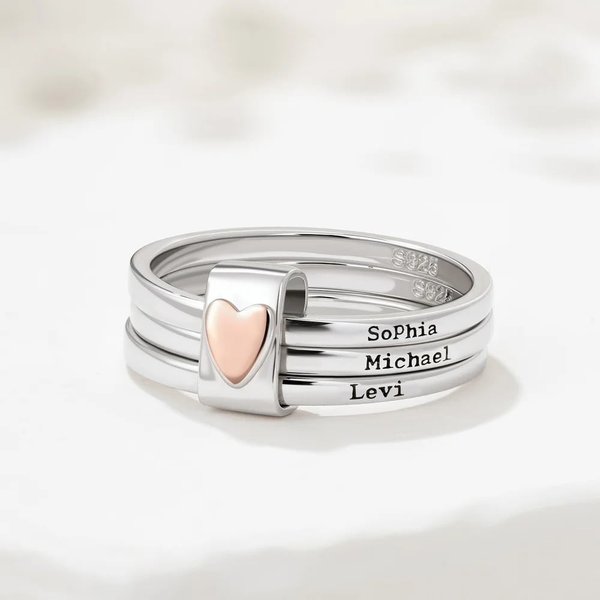 Personalized Sterling Silver Name Stacking Rings - Engraved 2-7 Bands with Heart Accent, Daily Wear Jewellery for Her