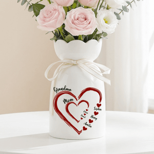 Jarrón de Cerámica Personalizado de Corazones Dobles con Nombres Día de la Madre Regalo de Cumpleaños para la Abuela Mamá