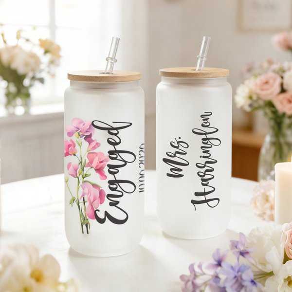 Personalizada Nacimiento Flor Texto Fecha 20 oz Esmerilado Vaso de cristal con pajita y tapa Aniversario de boda Compromiso Regalo para la novia Mujer