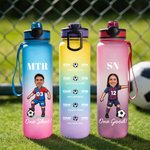 Personalised Cartoon Soccer Character Face Photo 32 oz Water Bottle with Name and Number Birthday Gift for Soccer Fans Lovers