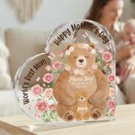 Personalised Bear Family Rose Heart-Shaped Acrylic Plaque with Names Home Decor Mother's Day Gift for Mom Grandma