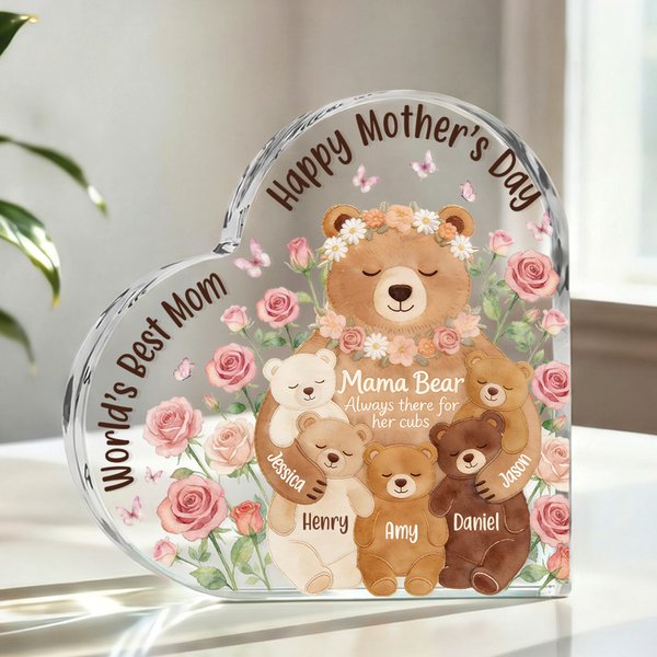 Personalised Bear Family Rose Heart-Shaped Acrylic Plaque with Names Home Decor Mother's Day Gift for Mom Grandma
