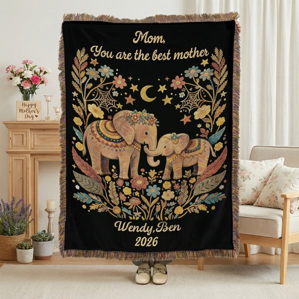 Couverture à pompons éléphant style bohème personnalisée avec nom titre année date anniversaire cadeau fête des mères pour maman grand-mère