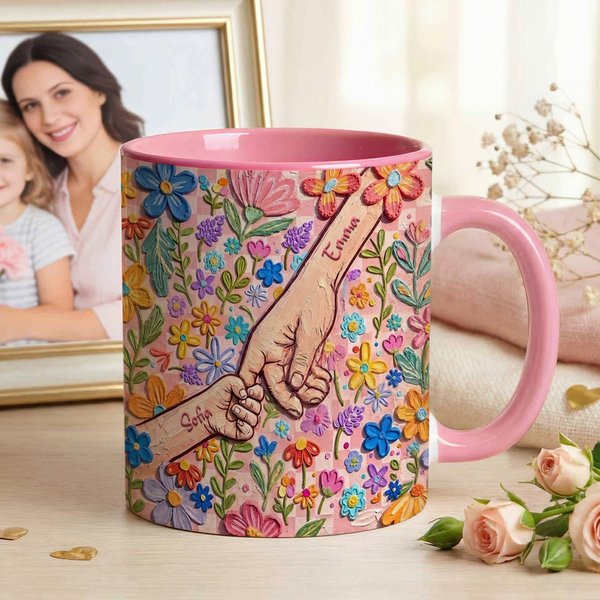 Gepersonaliseerde kleurrijke olieverfschilderij stijl handen in handen 11/15 oz keramische mok met naam dagelijks gebruik Moederdag Verjaardagscadeau voor moeder oma