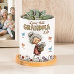 Personalised Cartoon Grandma Character Butterfly Ceramic Flower Pot with Name and Bamboo Tray Home Decor Mother's Day Gift for Mom Grandma