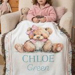 Henkilökohtainen kudottu nallekarhu pehmeä tupsu heittää peitto nimi Nursery sisustus syntymäpäivälahja lapsille perheelle