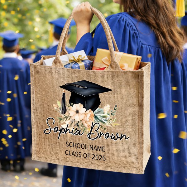 Personalizzato floreale Cappello di laurea Borsa di iuta di grande capacità con nome e testo Regalo di laurea di uso quotidiano per le donne laureate