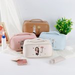 Personalised Cartoon Character Birth Flower Leather Wide Open Makeup Bag with Name Portable Travel Accessories Birthday Gift for Women Girls