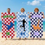 Personalized Plaid Soccer Silhouette Quick-Dry Oversized Sport Beach Towel with Name and Number Beach Pool Party Birthday Gift for Soccer Lover