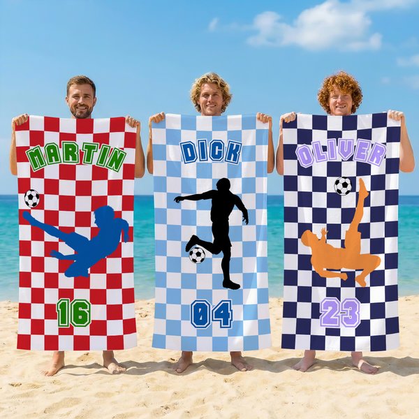 Personalized Plaid Soccer Silhouette Quick-Dry Oversized Sport Beach Towel with Name and Number Beach Pool Party Birthday Gift for Soccer Lover