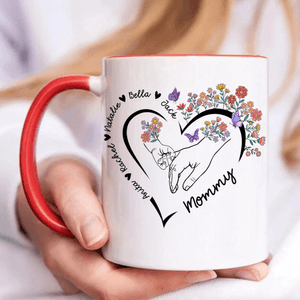 Personalised Heart Birth Flower Pet Pattern 11 oz 15 oz Ceramic Coffee Mug with 2-6 Names and Coaster Mother's Day Birthday Gift for Mom Grandma
