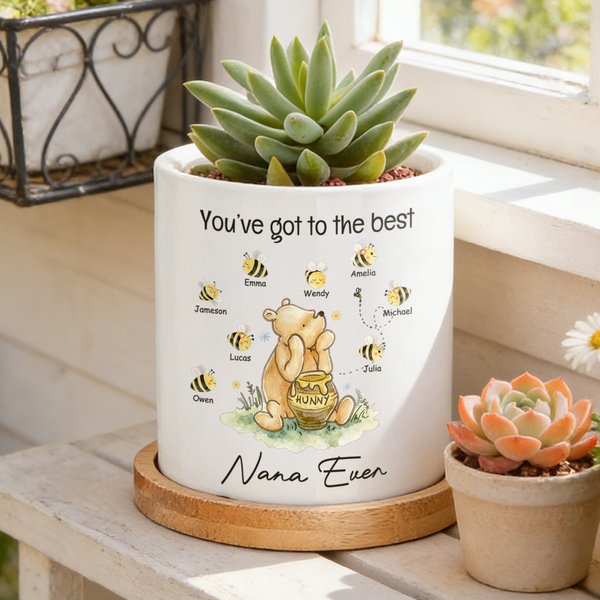 Personalized Classic Winnie the Pooh 1-10 Bees Ceramic Planter Pot with Names and Bamboo Tray Daily Use Mother's Day Gift for Mom Grandma