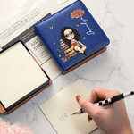 Personalized Birth Flower Cartoon Reading Character PU Leather Classic Sticky Notepad Holder with Name Desk Organizer Birthday Gift for Book Lovers
