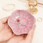 Personalised Imitation Crystal Style Birth Flower Ceramic Scalloped Edge Trinket Jewellery Dish with Name Mother's Day Birthday Gift for Her