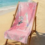 Personalised Mother of Pearl Effect Birth Flower Initial Oversized Quick Dry Beach Towel with Name Beach Party Birthday Mother's Day Gift for Family