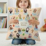 Personalized Cartoon Holy Saints of Heaven Soft Throw Pillow Cover with Name Home Decor Birthday Baptism Gift for Kids Christians