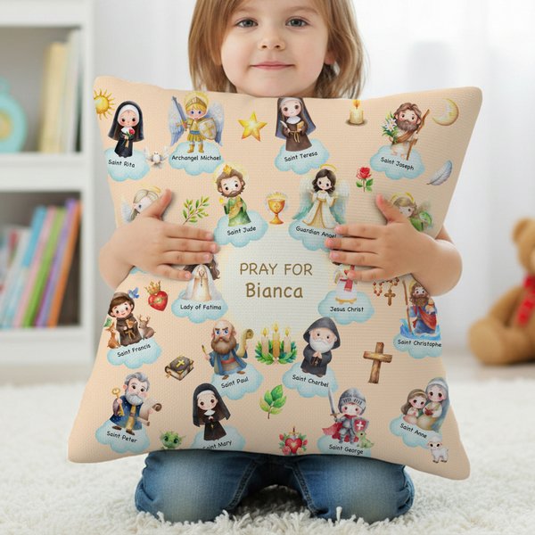 Personalized Cartoon Holy Saints of Heaven Soft Throw Pillow Cover with Name Home Decor Birthday Baptism Gift for Kids Christians