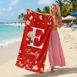 Personalised Mother of Pearl Effect Birth Flower Initial Oversized Quick Dry Beach Towel with Name Beach Party Birthday Mother's Day Gift for Family