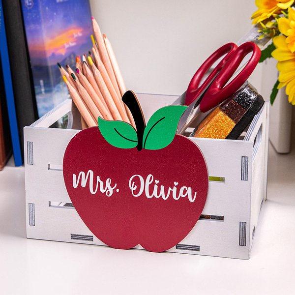 Personalized Apple Design Wooden Desktop Organizer with Name Desk Decor Teacher Appreciation Thank You Gift for Educator