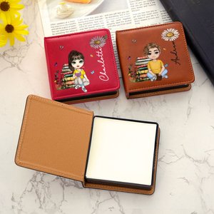 Personalised Birth Flower Cartoon Reading Character PU Leather Classic Sticky Notepad Holder with Name Desk Organizer Birthday Gift for Book Lovers