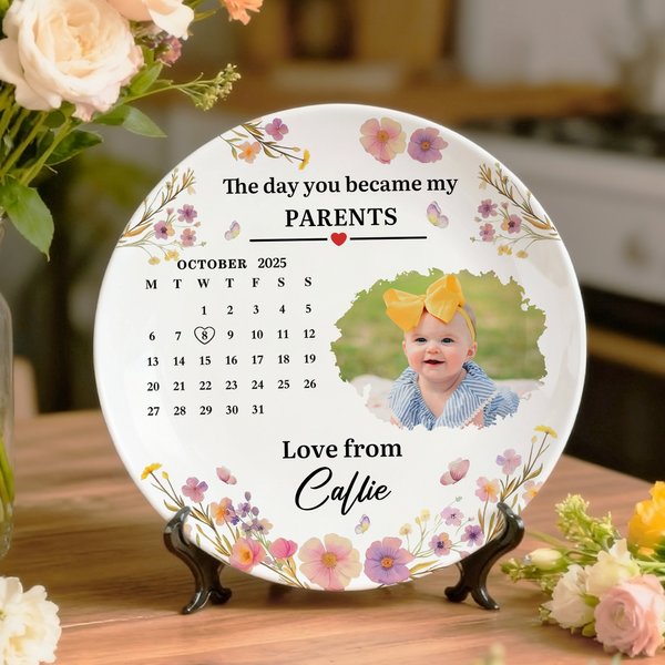 Personalized Newborn Photo Calendar Ceramic Decorative Plate with Name Title and Stand Birthday Mother's Day Baby Shower Gift for Family