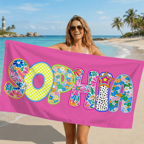 Personligt färgglatt konstnärligt namn överdimensionerad snabbtorkande strandhandduk utomhusaktiviteter strandfest födelsedagspresent för kvinnor besties