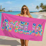 Henkilökohtainen Vibrant Floral Art Lettering Ylimitoitettu Nopea kuiva rantapyyhe nimellä Ulkoilutoiminta Ranta Party Syntymäpäivälahja naisille perheelle