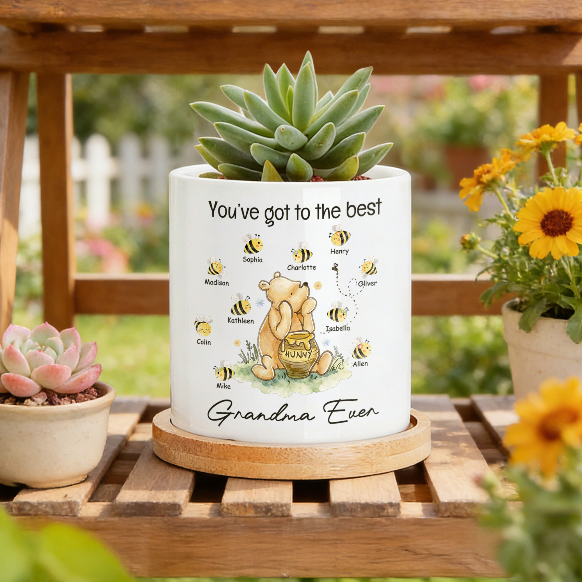 Personalized Classic Winnie the Pooh 1-10 Bees Ceramic Planter Pot with Names and Bamboo Tray Daily Use Mother's Day Gift for Mom Grandma