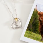 Personalised Highland Cow Birthstone Heart Necklace Minimalist Jewellery Birthday Mother's Day Anniversary Gift for Woman Mom