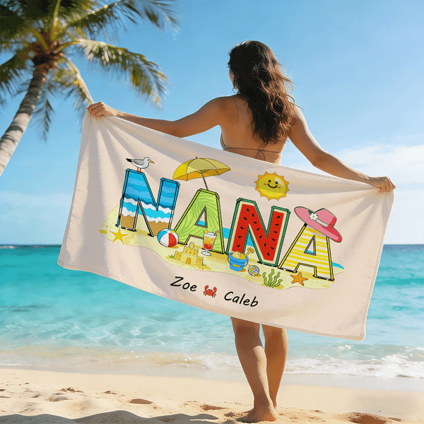 Personalisierte Multicolor Seaside Urlaub Stil schnell trocknen weiche überdimensionale Strand Handtuch mit 1-12 Namen Strand Party Geburtstagsgeschenk für Familie