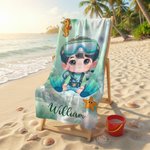 Personalized Cartoon Diving Character Marine Animal Quick Dry Oversized Beach Towel with Name Summer Vacation Beach Party Birthday Gift for Kids