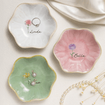 Personalised Imitation Crystal Style Birth Flower Ceramic Scalloped Edge Trinket Jewellery Dish with Name Mother's Day Birthday Gift for Her