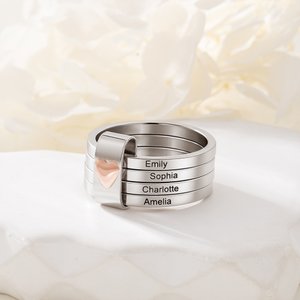 Personalised Sterling Silver Name Stacking Rings - Engraved 2-7 Bands with Heart Accent, Daily Wear Jewellery for Her