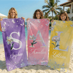 Personalised Mother of Pearl Effect Birth Flower Initial Oversized Quick Dry Beach Towel with Name Beach Party Birthday Mother's Day Gift for Family