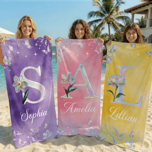 Personalised Mother of Pearl Effect Birth Flower Initial Oversized Quick Dry Beach Towel with Name Beach Party Birthday Mother's Day Gift for Family